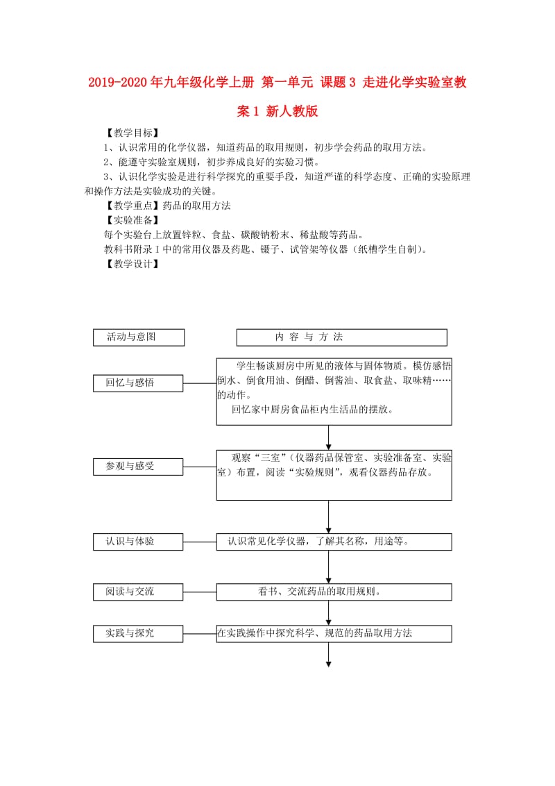 2019-2020年九年级化学上册 第一单元 课题3 走进化学实验室教案1 新人教版.doc_第1页