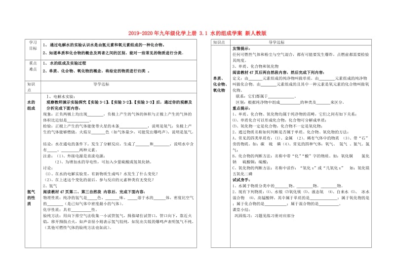 2019-2020年九年级化学上册 3.1 水的组成学案 新人教版.doc_第1页