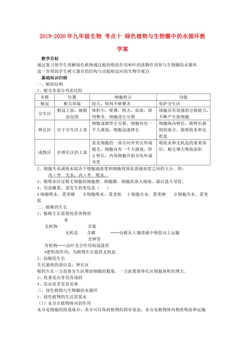 2019-2020年九年级生物 考点十 绿色植物与生物圈中的水循环教学案.doc_第1页