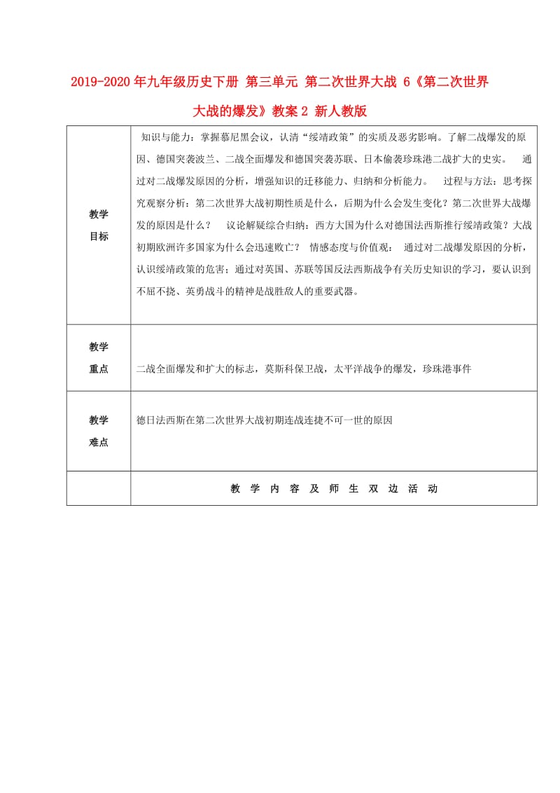 2019-2020年九年级历史下册 第三单元 第二次世界大战 6《第二次世界大战的爆发》教案2 新人教版.doc_第1页