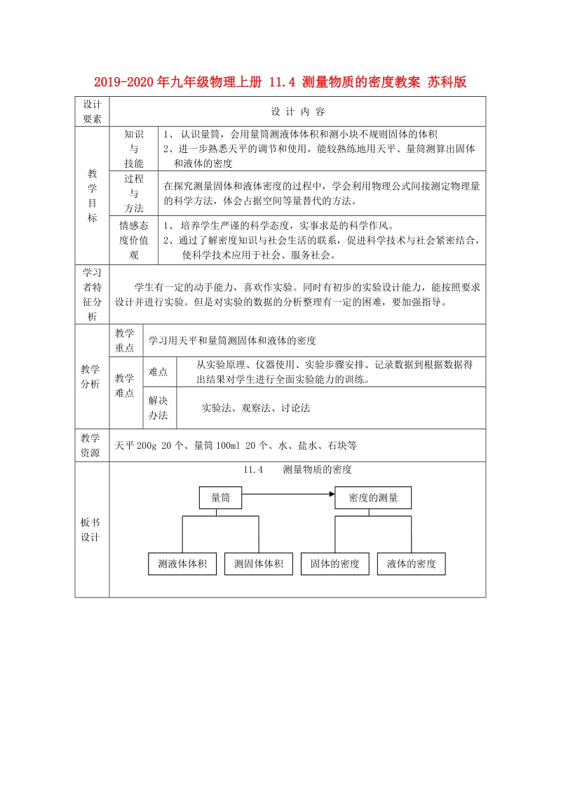 2019-2020年九年级物理上册 11.4 测量物质的密度教案 苏科版.doc_第1页