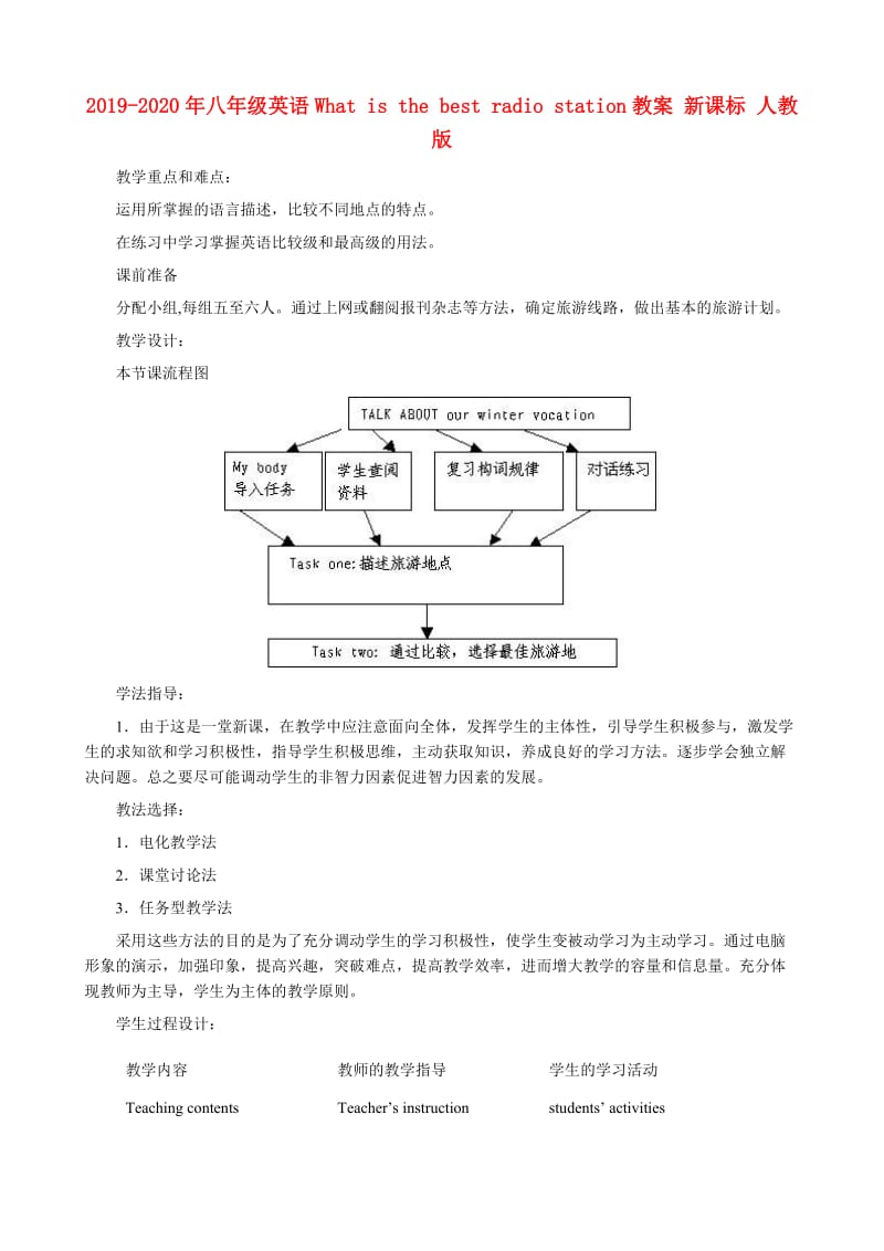 2019-2020年八年级英语What is the best radio station教案 新课标 人教版.doc_第1页