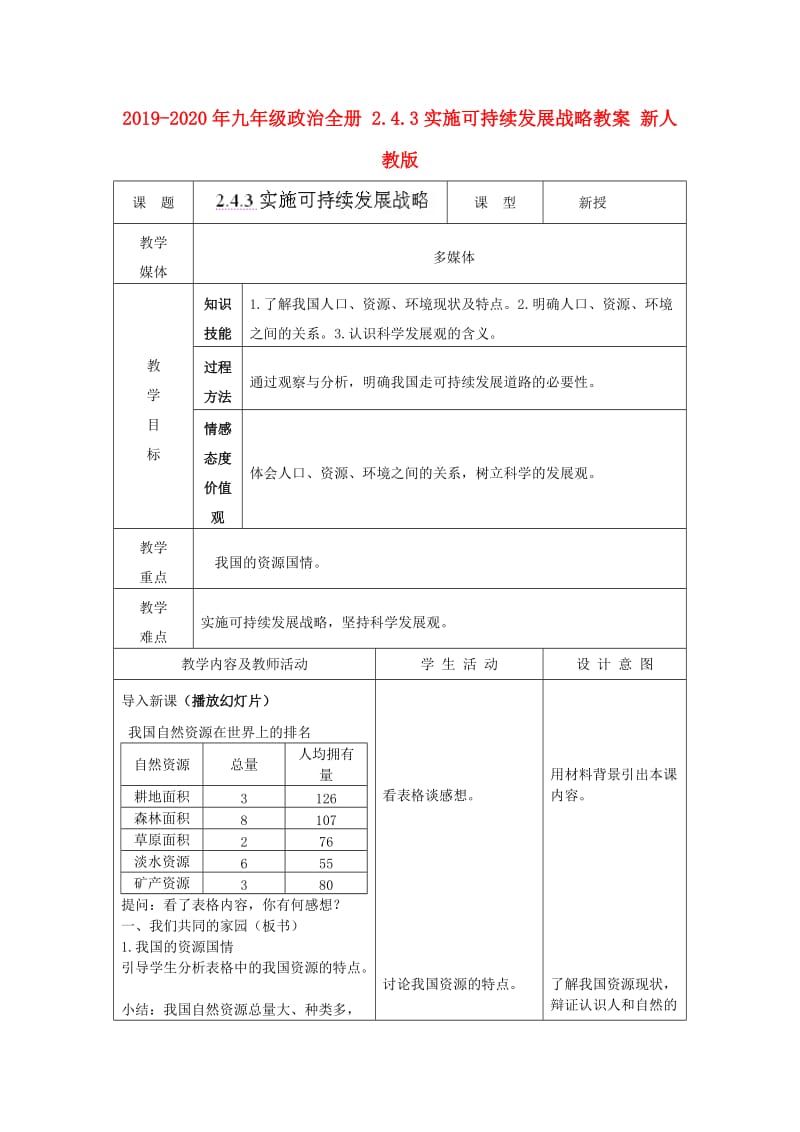 2019-2020年九年级政治全册 2.4.3实施可持续发展战略教案 新人教版.doc_第1页