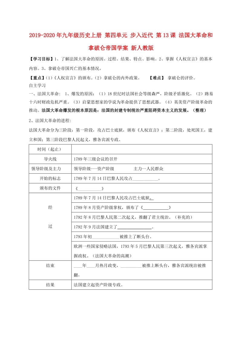 2019-2020年九年级历史上册 第四单元 步入近代 第13课 法国大革命和拿破仑帝国学案 新人教版.doc_第1页