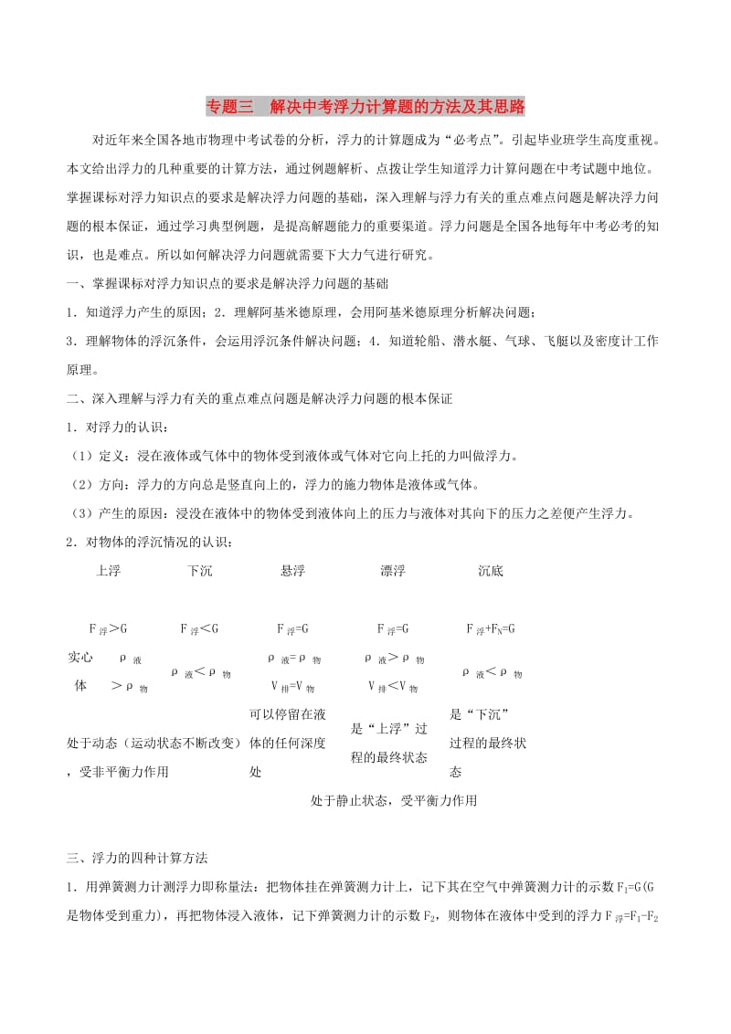 中考物理 专题三 解决中考浮力问题的方法及其思路.doc_第1页