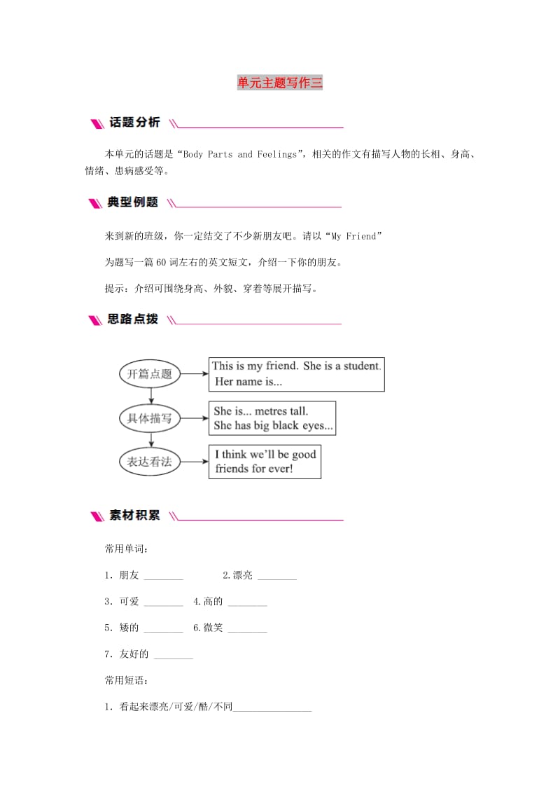 七年级英语上册 Unit 3 Body Parts and Feelings主题写作三同步练习 （新版）冀教版.doc_第1页