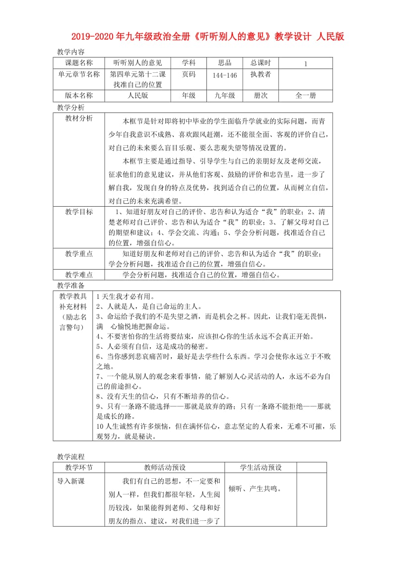 2019-2020年九年级政治全册《听听别人的意见》教学设计 人民版.doc_第1页