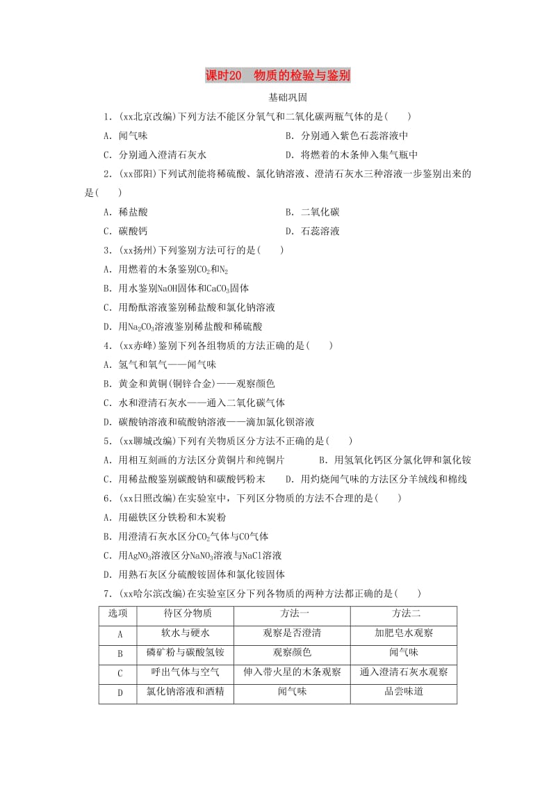 广东省中考化学总复习 课时20 物质的检验与鉴别练习.doc_第1页