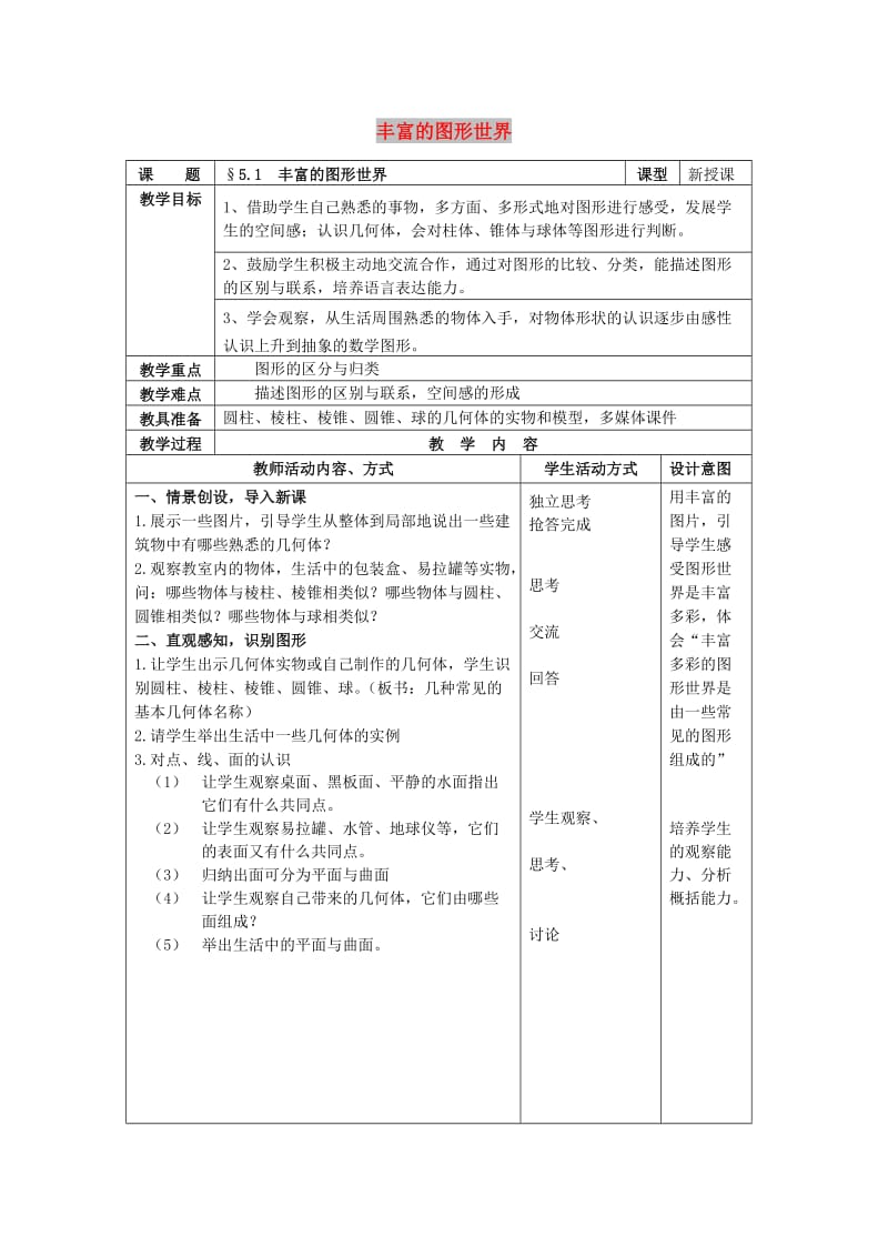 七年级数学上册 第5章 走进图形世界 5.1 丰富的图形世界教案2 苏科版.doc_第1页