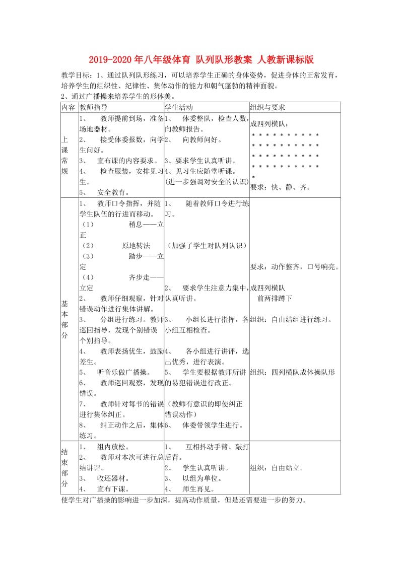 2019-2020年八年级体育 队列队形教案 人教新课标版.doc_第1页