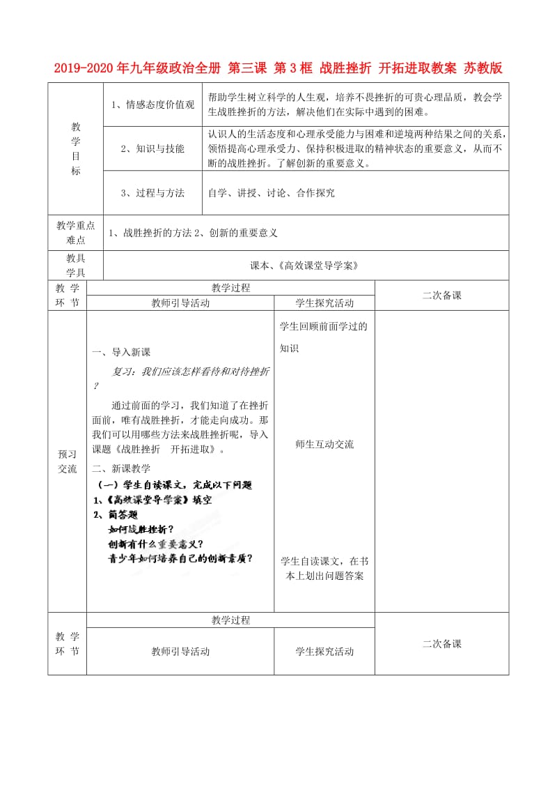 2019-2020年九年级政治全册 第三课 第3框 战胜挫折 开拓进取教案 苏教版.doc_第1页