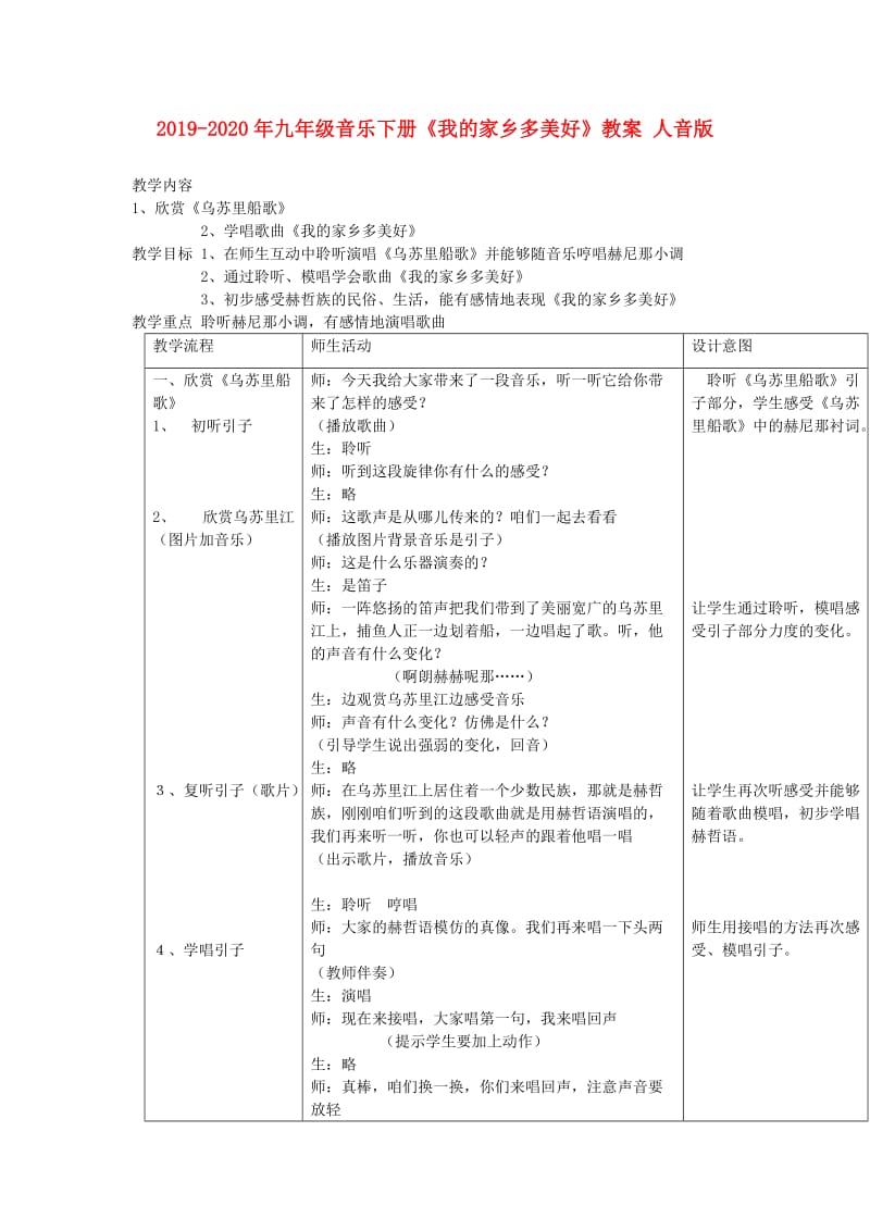 2019-2020年九年级音乐下册《我的家乡多美好》教案 人音版.doc_第1页