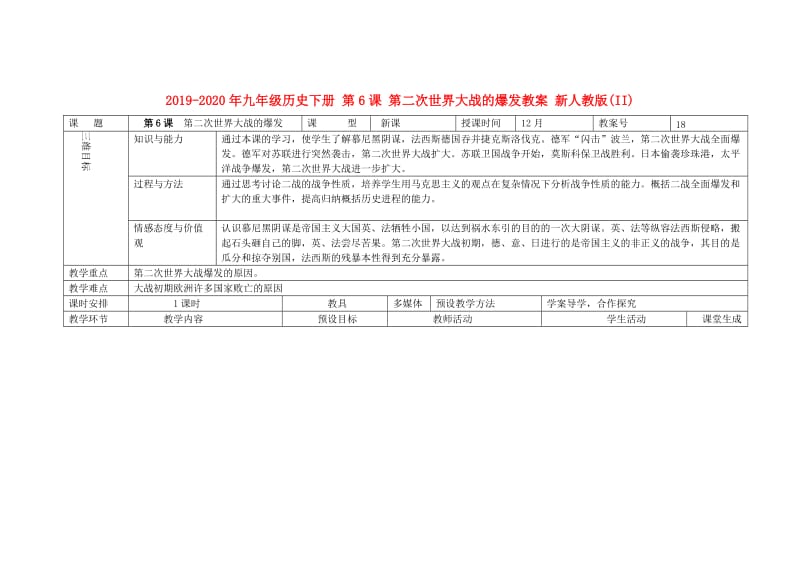 2019-2020年九年级历史下册 第6课 第二次世界大战的爆发教案 新人教版(II).doc_第1页