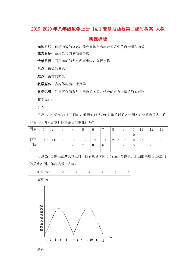 2019-2020年八年级数学上册 14.1变量与函数第二课时教案 人教新课标版.doc_第1页