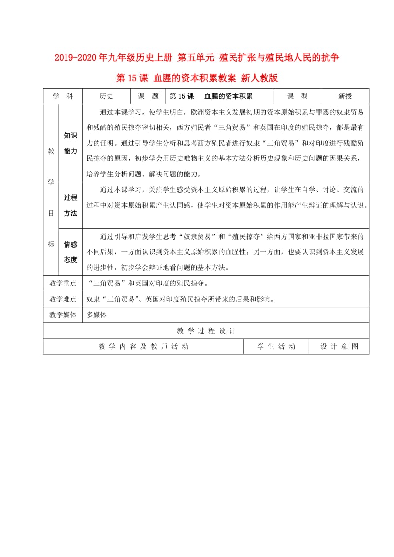 2019-2020年九年级历史上册 第五单元 殖民扩张与殖民地人民的抗争 第15课 血腥的资本积累教案 新人教版.doc_第1页