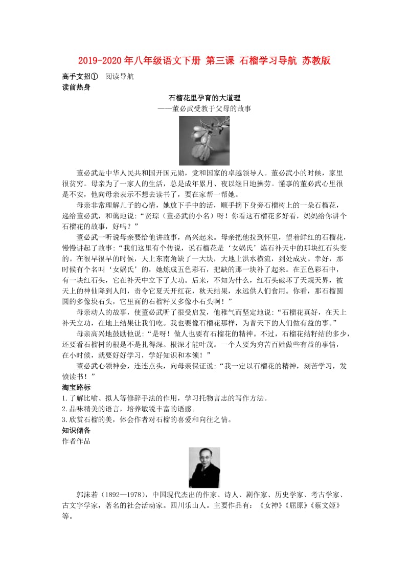 2019-2020年八年级语文下册 第三课 石榴学习导航 苏教版.doc_第1页