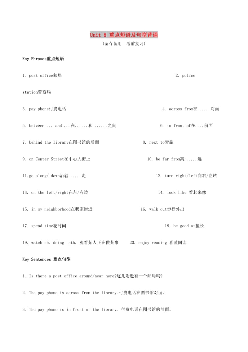 七年级英语下册Unit8Isthereapostofficenearhere单词短语及重点句型新版人教新目标版.doc_第1页