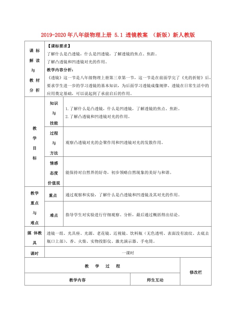 2019-2020年八年级物理上册 5.1 透镜教案 （新版）新人教版.doc_第1页