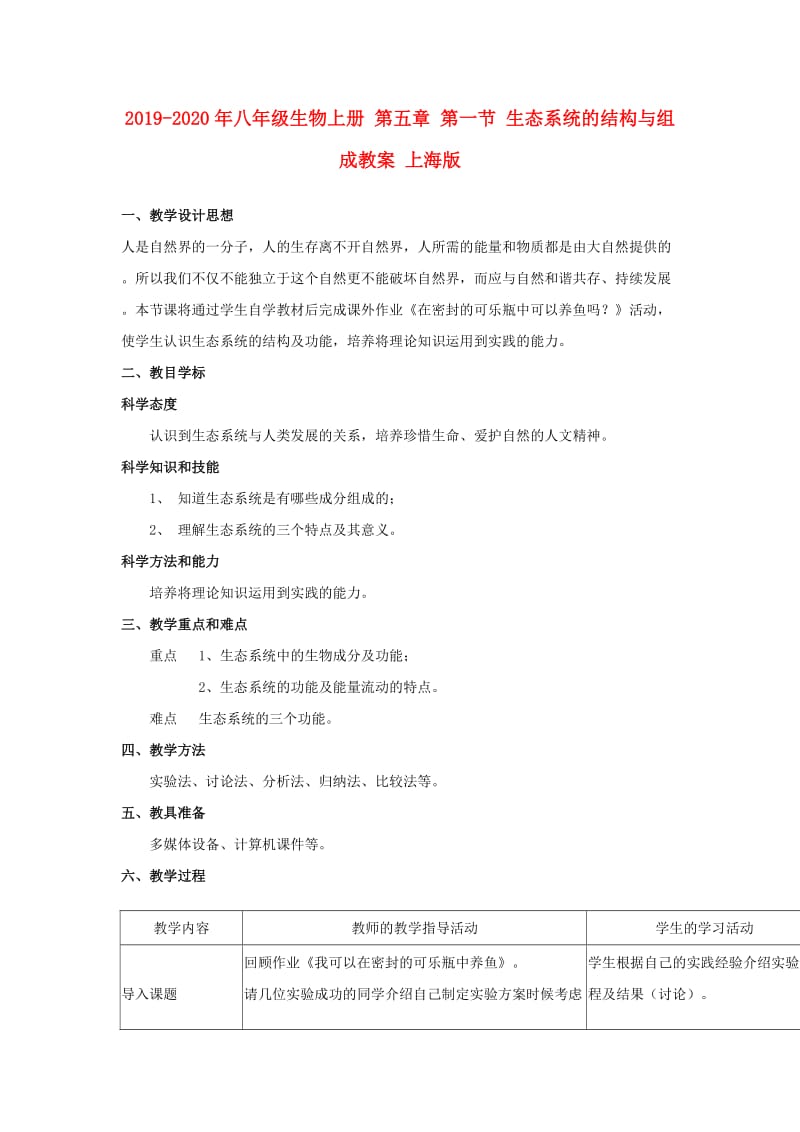 2019-2020年八年级生物上册 第五章 第一节 生态系统的结构与组成教案 上海版.doc_第1页