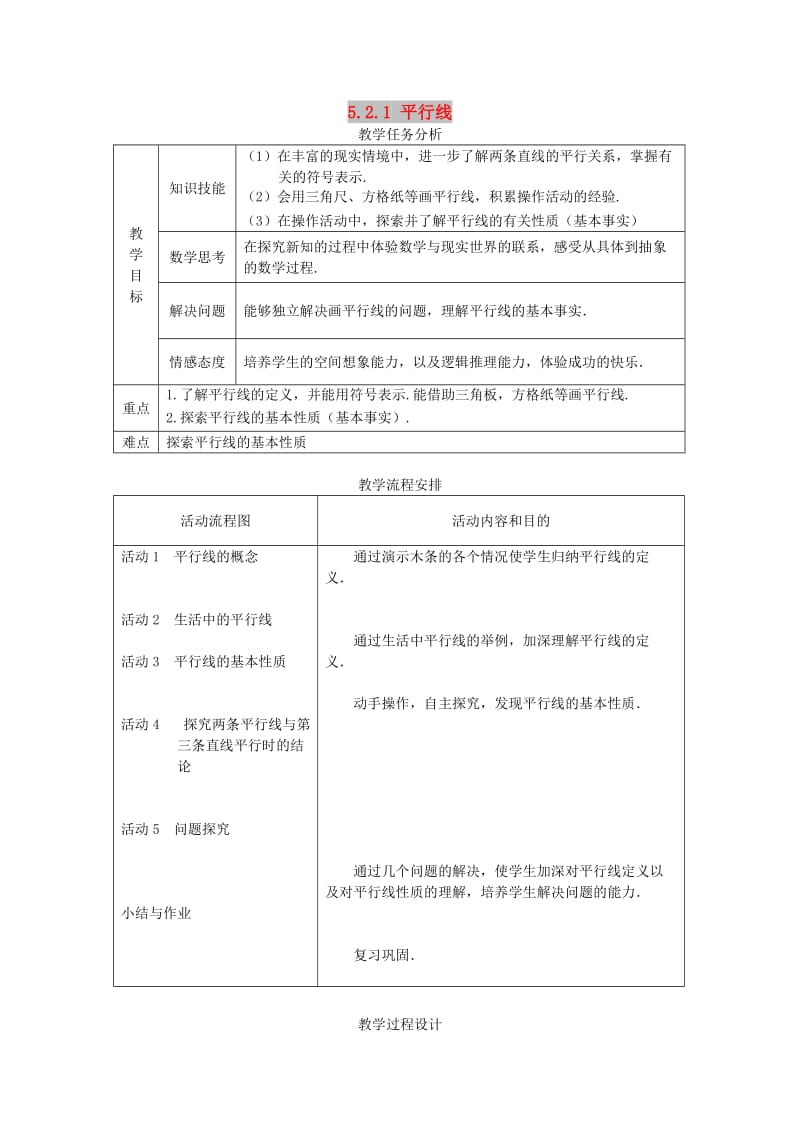 2019春七年级数学下册 第五章 相交线与平行线 5.2 平行线及其判定 5.2.1 平行线教案2 （新版）新人教版.doc_第1页