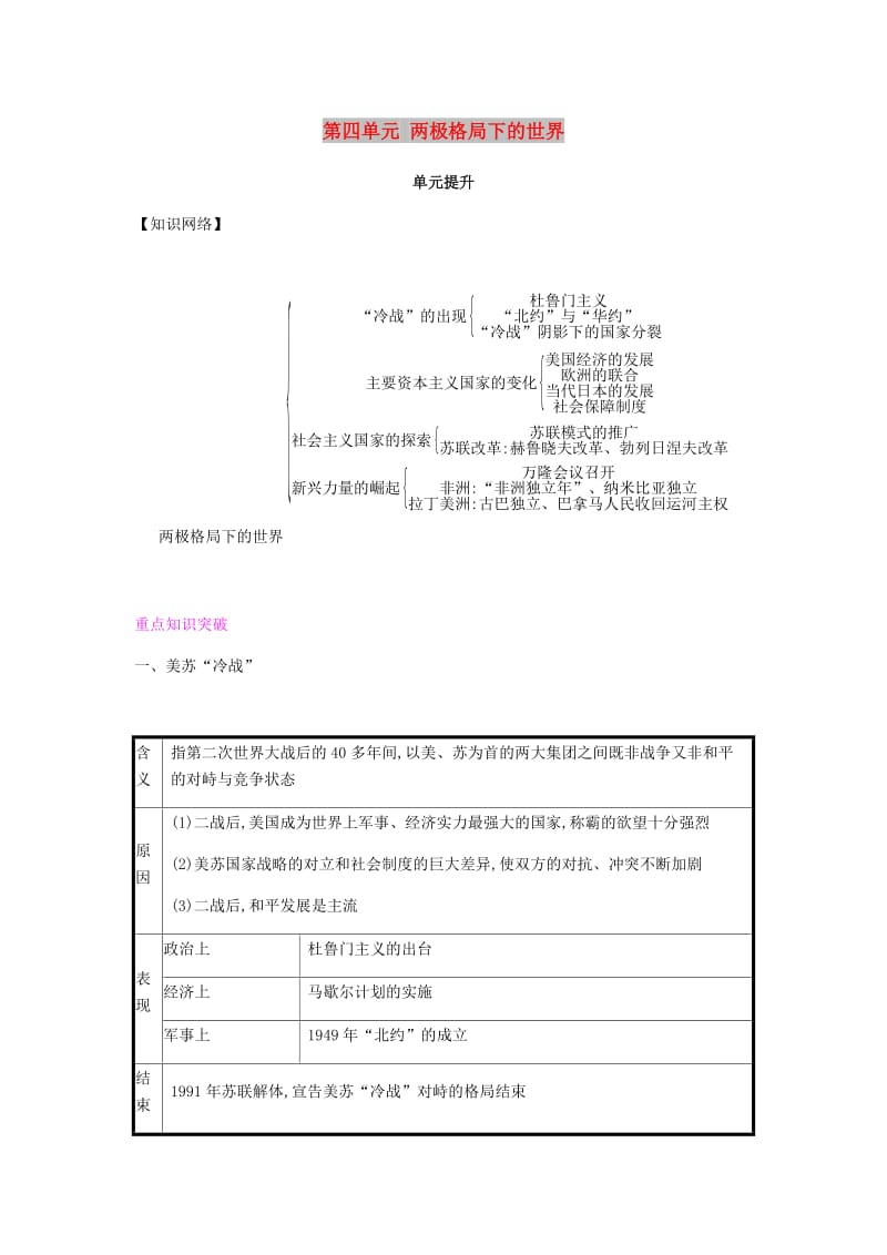 2019春九年级历史下册 第四单元 两极格局下的世界单元提升课时作业 北师大版.doc_第1页