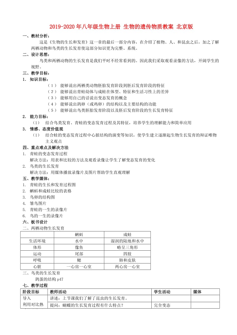 2019-2020年八年级生物上册 生物的遗传物质教案 北京版.doc_第1页