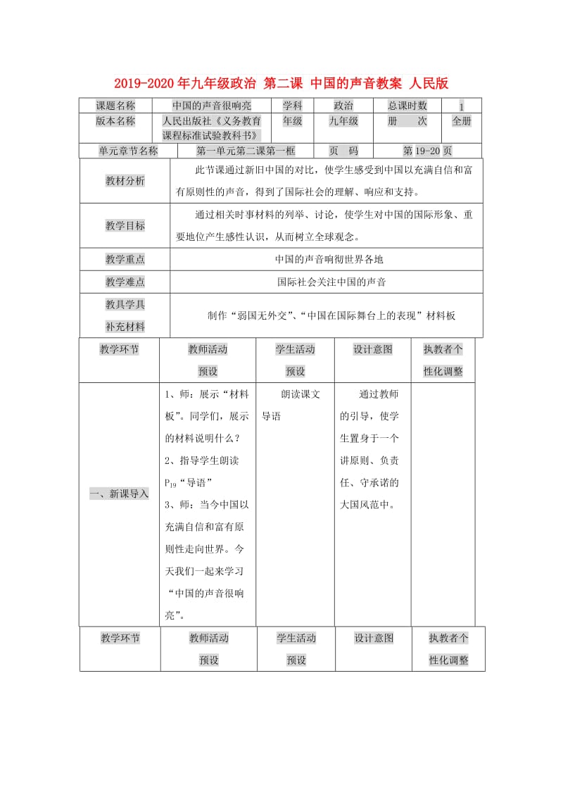 2019-2020年九年级政治 第二课 中国的声音教案 人民版.doc_第1页