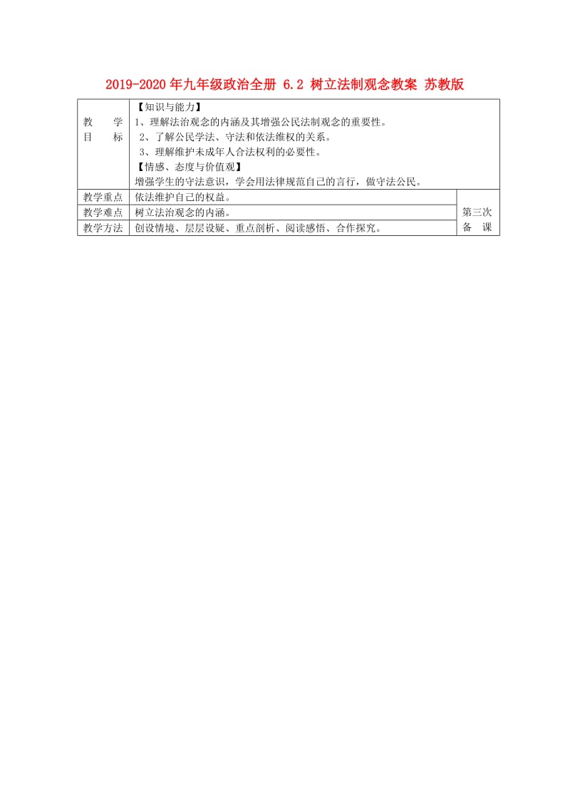 2019-2020年九年级政治全册 6.2 树立法制观念教案 苏教版.doc_第1页