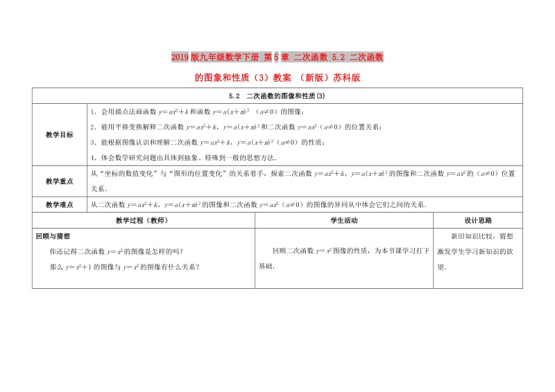 2019版九年级数学下册 第5章 二次函数 5.2 二次函数的图象和性质（3）教案 （新版）苏科版.doc_第1页