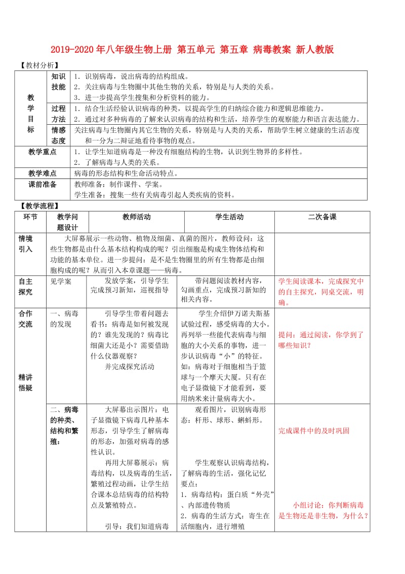 2019-2020年八年级生物上册 第五单元 第五章 病毒教案 新人教版.doc_第1页