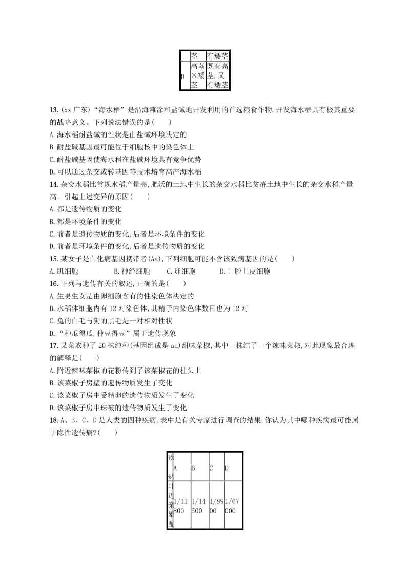 2019年春八年级生物下册 第七单元 生物圈中生命的延续和发展 第二章 生物的遗传和变异测评 新人教版.doc_第3页