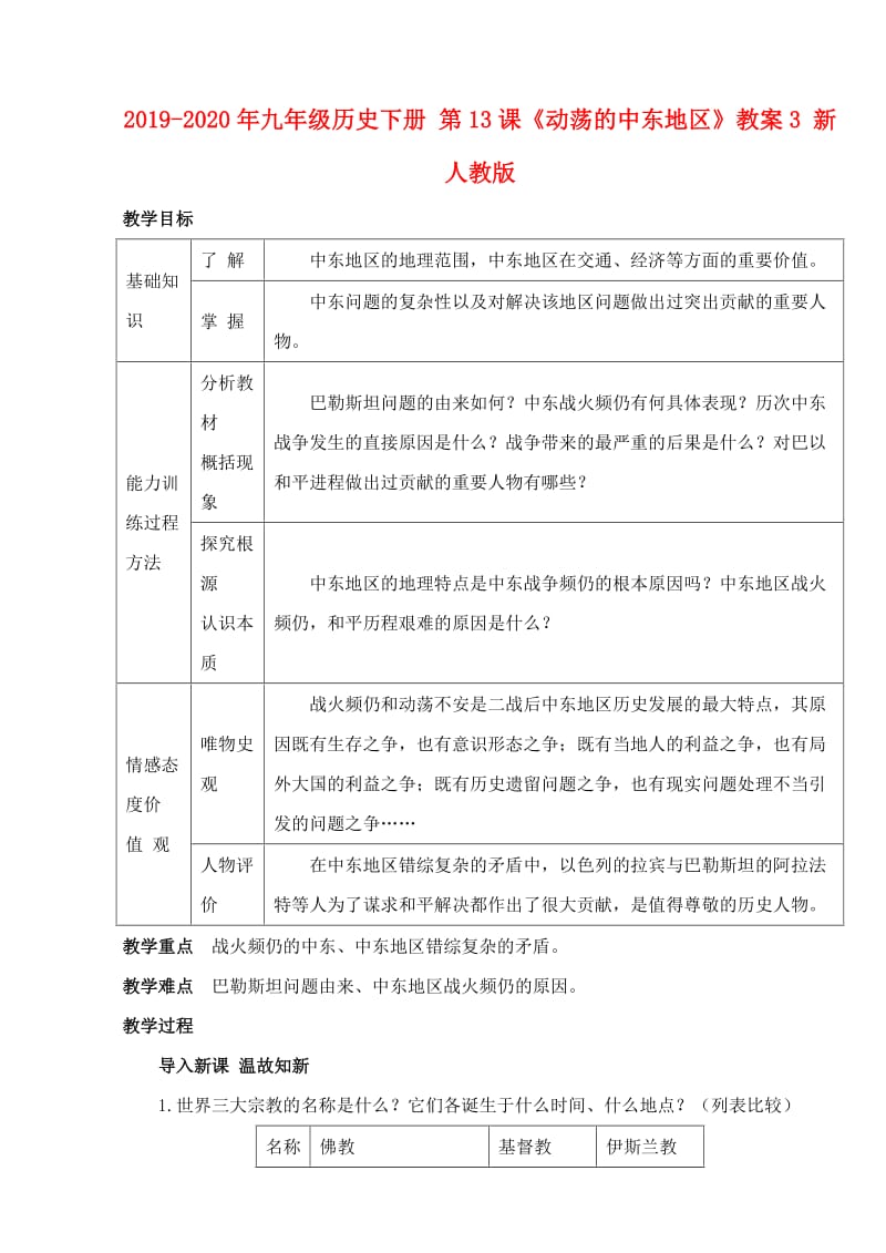 2019-2020年九年级历史下册 第13课《动荡的中东地区》教案3 新人教版.doc_第1页