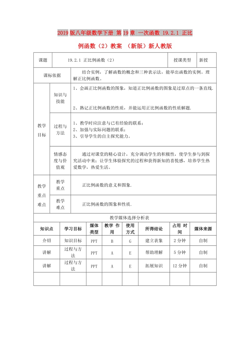 2019版八年级数学下册 第19章 一次函数 19.2.1 正比例函数（2）教案 （新版）新人教版.doc_第1页