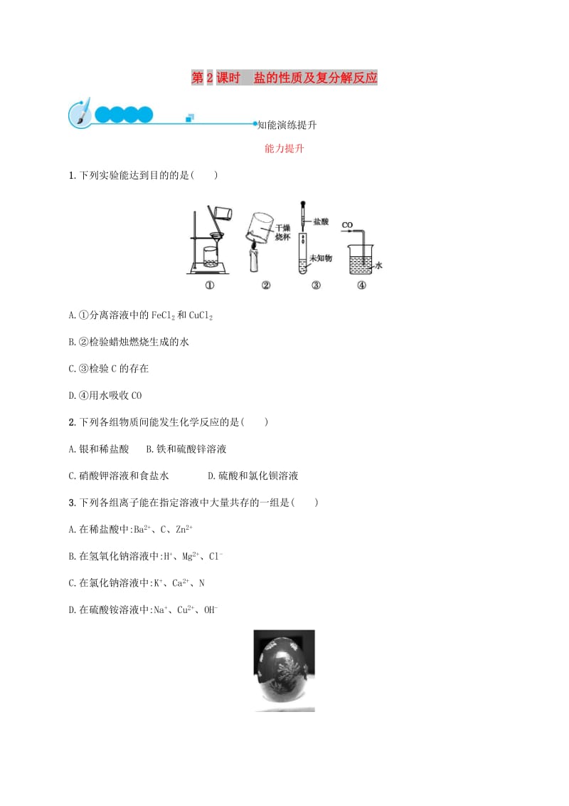 九年级化学下册 第十一单元 盐 化肥 11.1 生活中常见的盐 第2课时 盐的性质及复分解反应练习 新人教版.doc_第1页