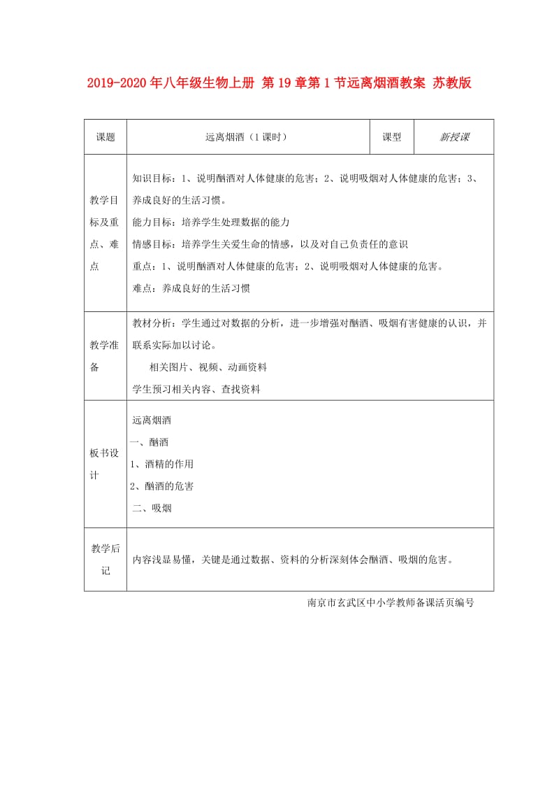 2019-2020年八年级生物上册 第19章第1节远离烟酒教案 苏教版.doc_第1页