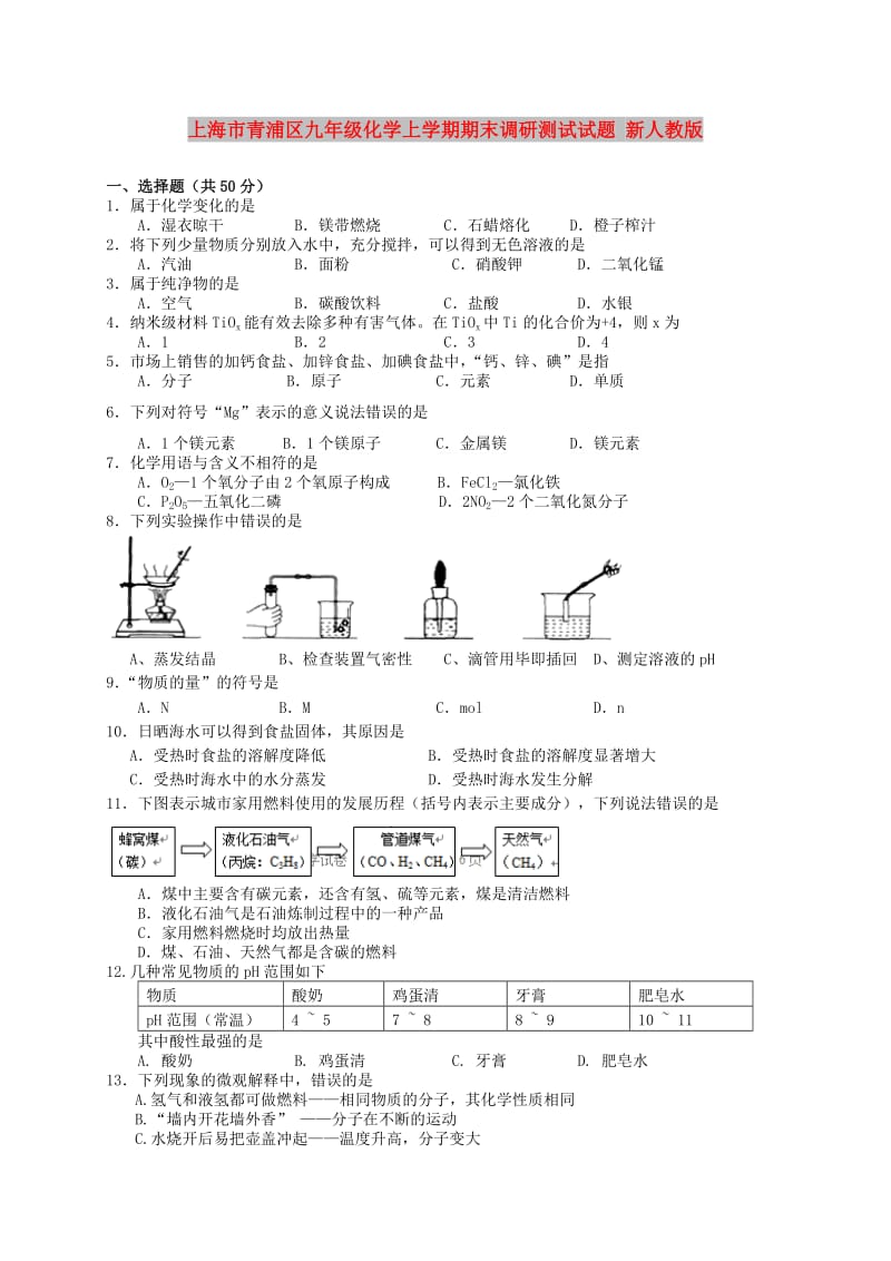 上海市青浦区九年级化学上学期期末调研测试试题 新人教版.doc_第1页