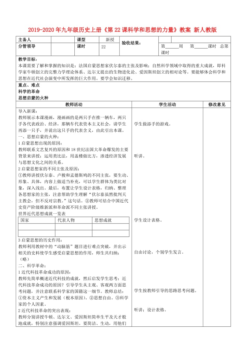 2019-2020年九年级历史上册《第22课科学和思想的力量》教案 新人教版.doc_第1页