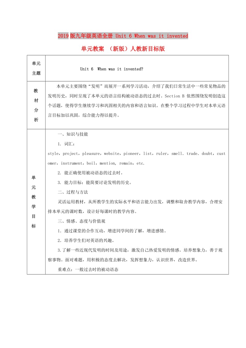 2019版九年级英语全册 Unit 6 When was it invented单元教案 （新版）人教新目标版.doc_第1页