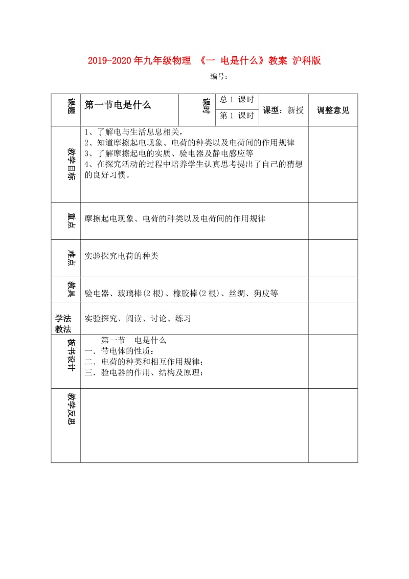 2019-2020年九年级物理 《一 电是什么》教案 沪科版.doc_第1页