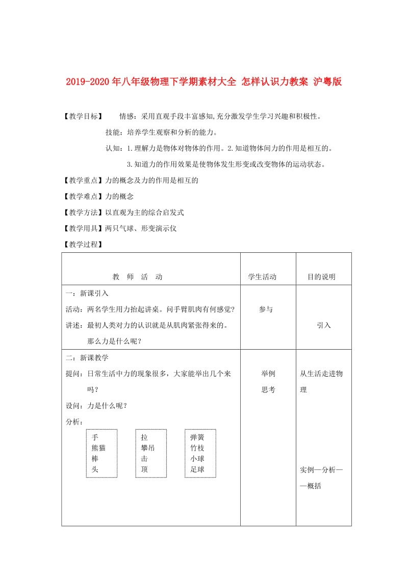 2019-2020年八年级物理下学期素材大全 怎样认识力教案 沪粤版 .doc_第1页