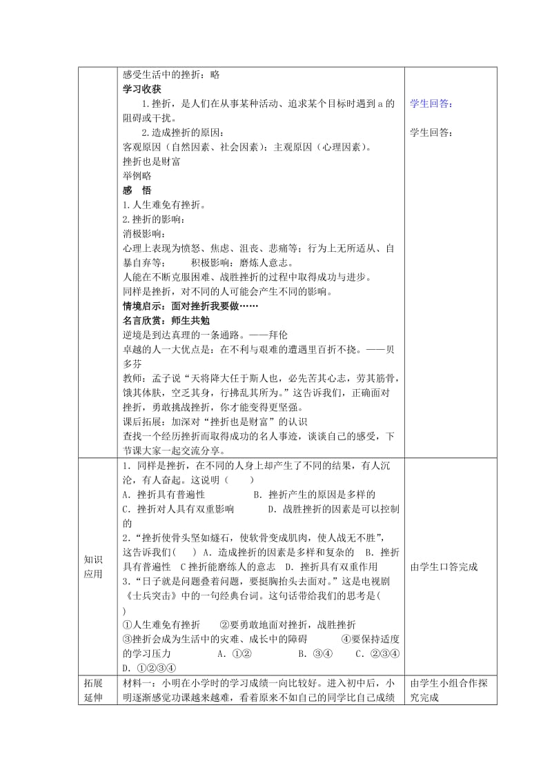 2019-2020年九年级政治全册 1.3.1 人生难免有挫折教案 苏教版 (I)(I).doc_第2页