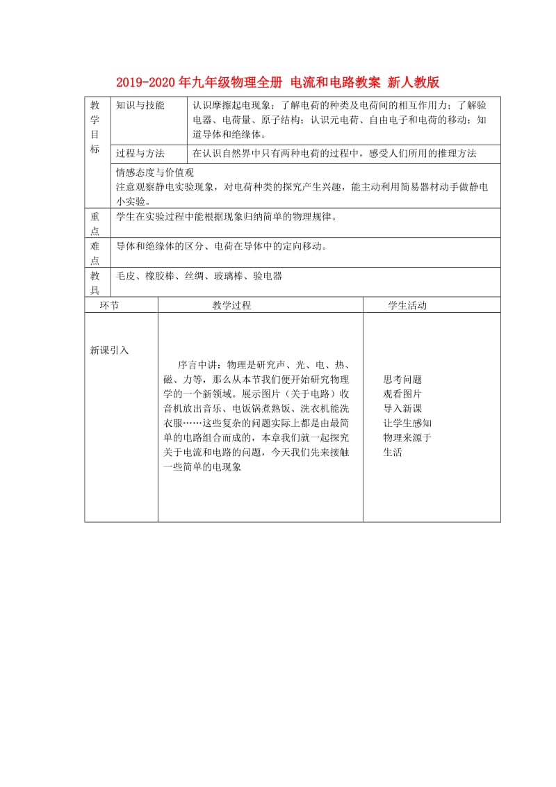 2019-2020年九年级物理全册 电流和电路教案 新人教版.doc_第1页