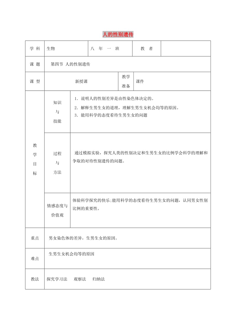 吉林省松原市宁江区八年级生物下册 7.2.4人的性别遗传教案 （新版）新人教版.doc_第1页