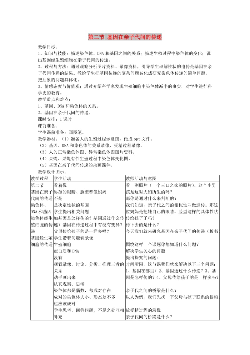 2019年春八年级生物下册 第七单元 第二章 第二节 基因在亲子代间的传递教案 （新版）新人教版.doc_第1页