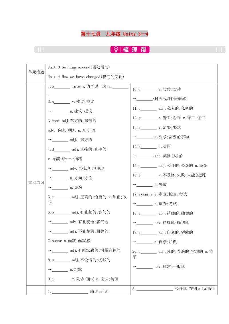 安徽省2019届中考英语总复习第一部分考点知识过关第十七讲九全Units3-4梳理新版人教新目标版.doc_第1页