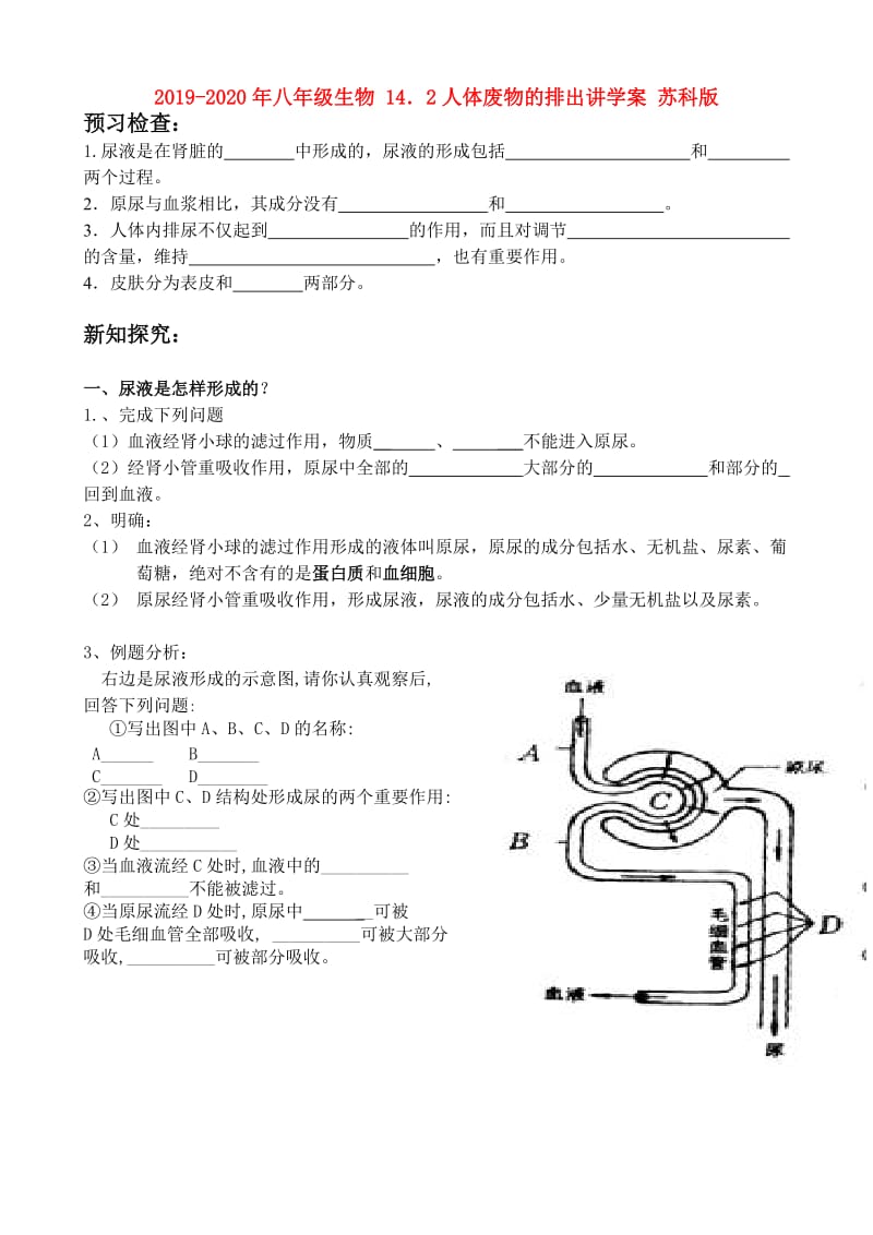 2019-2020年八年级生物 14．2人体废物的排出讲学案 苏科版.doc_第1页