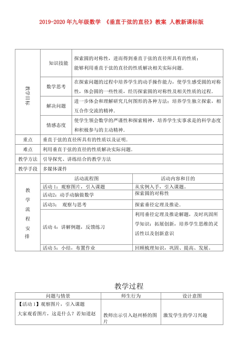 2019-2020年九年级数学 《垂直于弦的直径》教案 人教新课标版.doc_第1页