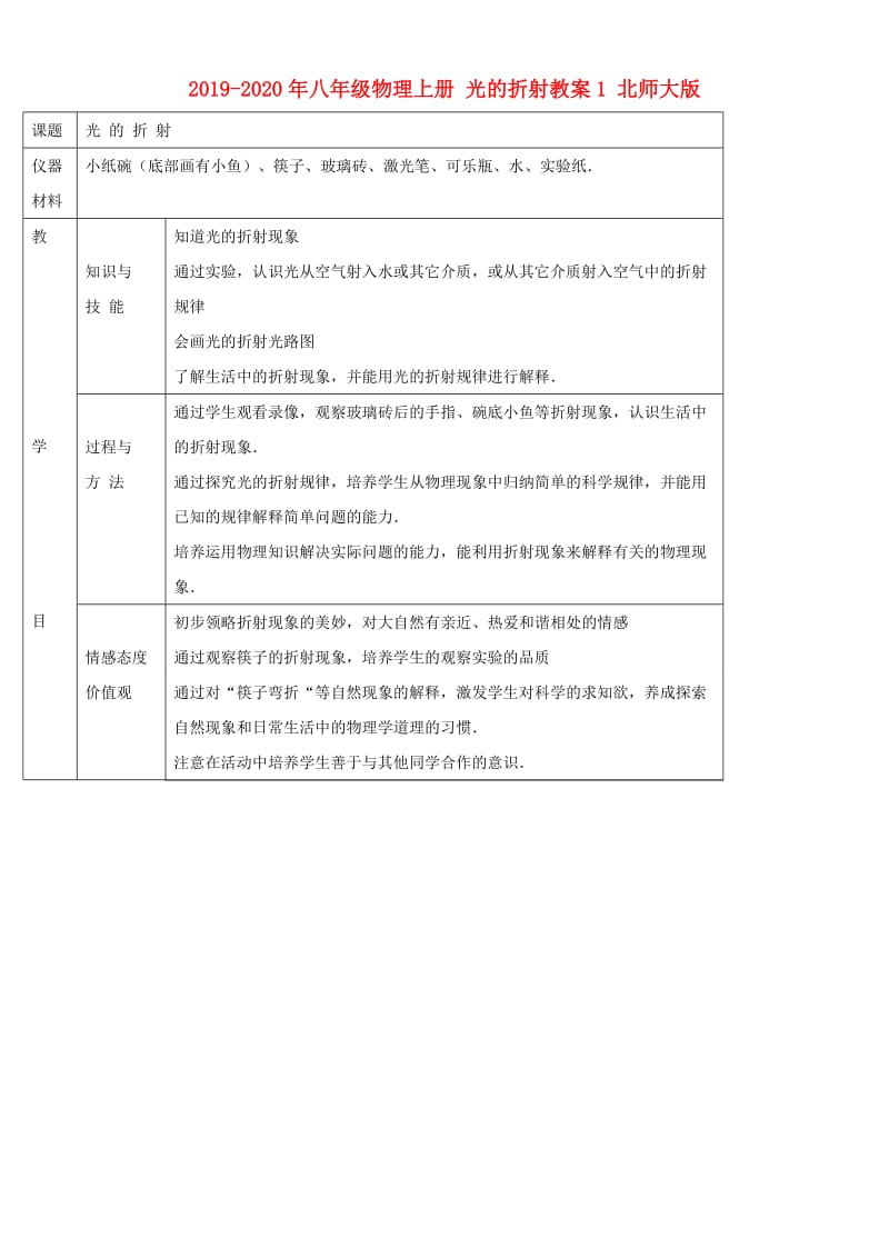 2019-2020年八年级物理上册 光的折射教案1 北师大版.doc_第1页