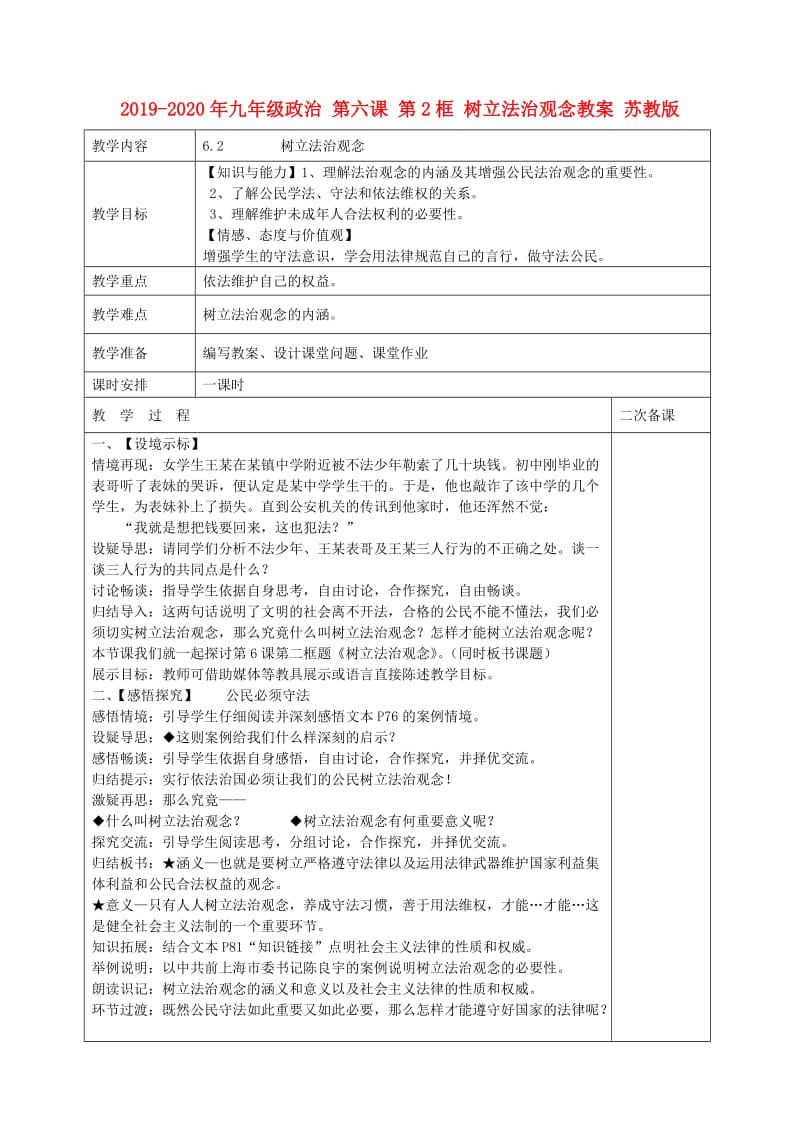 2019-2020年九年级政治 第六课 第2框 树立法治观念教案 苏教版.doc_第1页