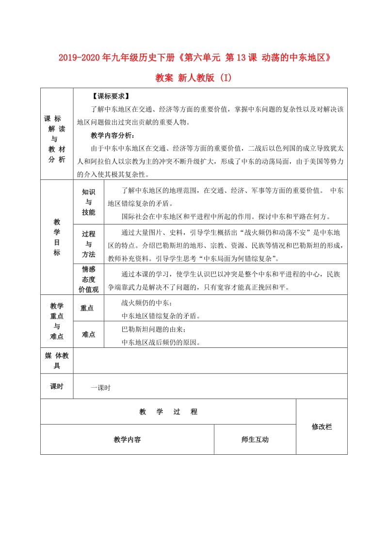 2019-2020年九年级历史下册《第六单元 第13课 动荡的中东地区》教案 新人教版 (I).doc_第1页